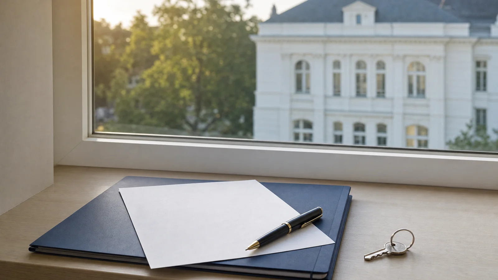 Schreibtisch mit Mappe und Schlüssel am Fenster