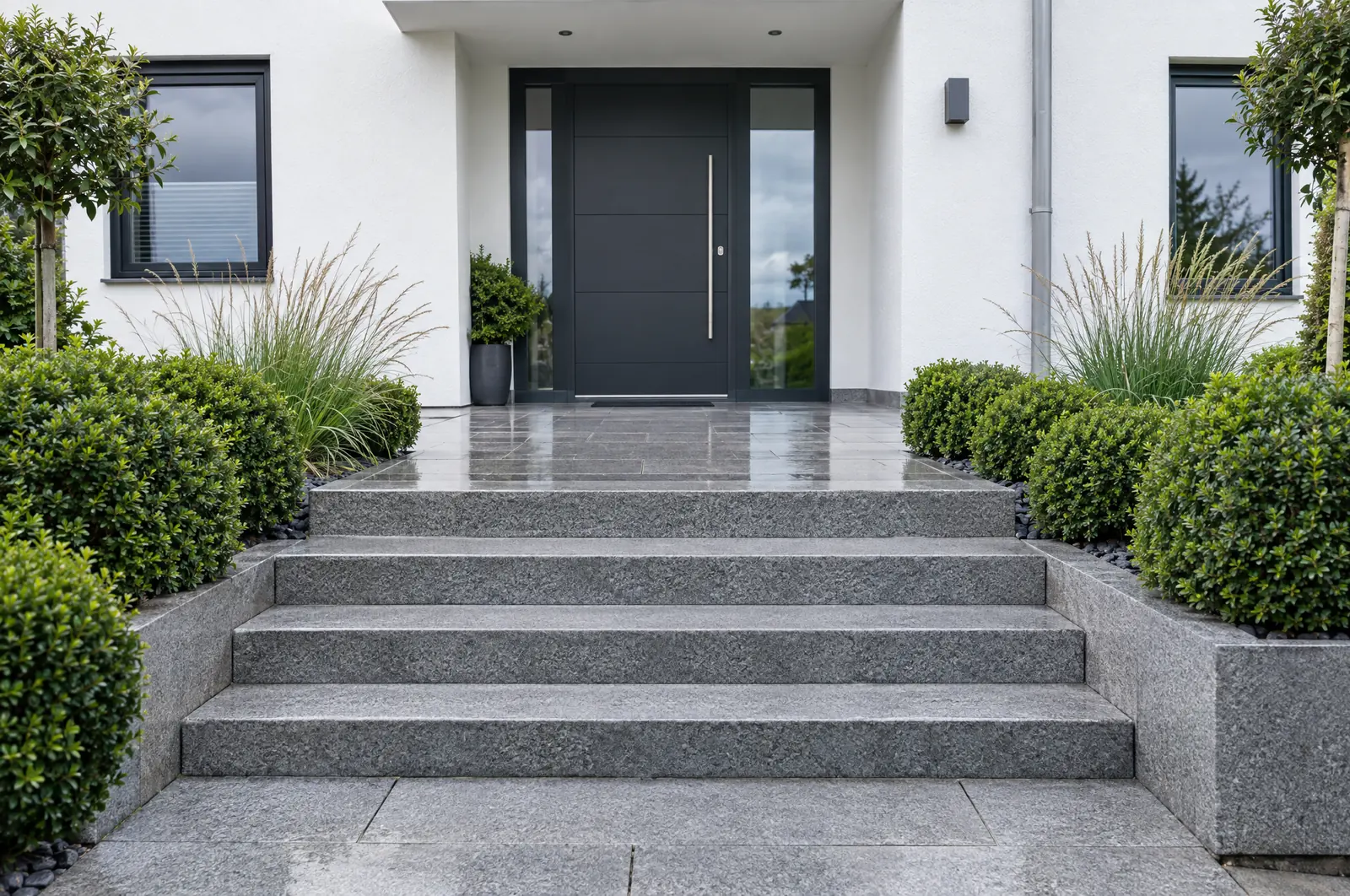 Gereinigte Granittreppe vor dem Eingang eines Hauses